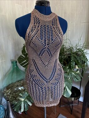 Handcrafted Taupe Crochet Halter Dress